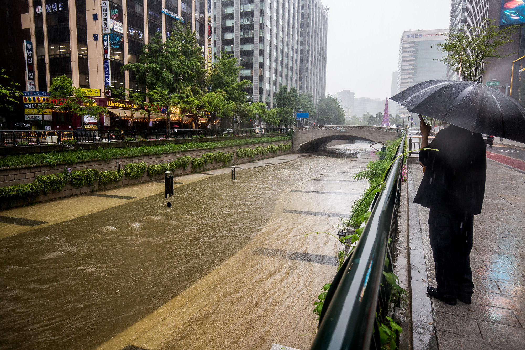 사회;세태;계절;여름;장마;장마철;장마철집중호우;호우경보;광화문사거리;광화문네거리;청계천;청계천통제